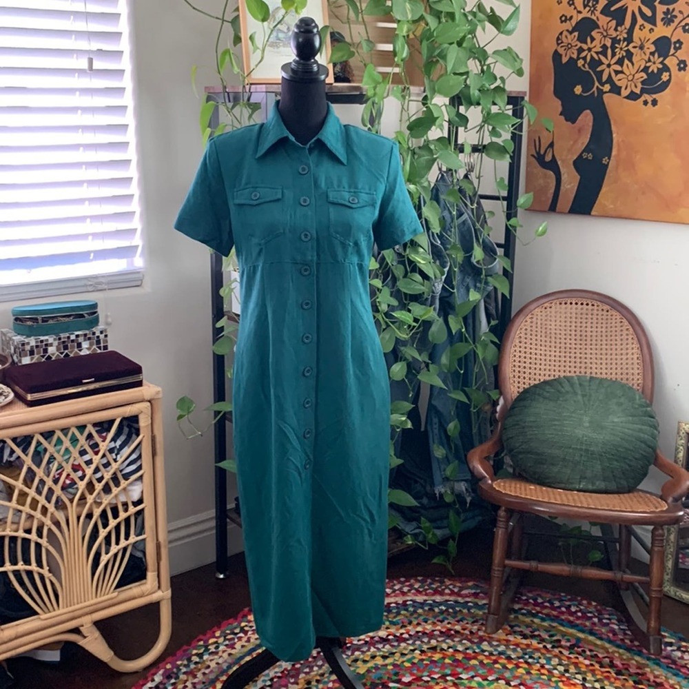 Vintage 90s Robbie Bee Green Corduroy Short Sleeve Button Up Midi Shirt Dress
